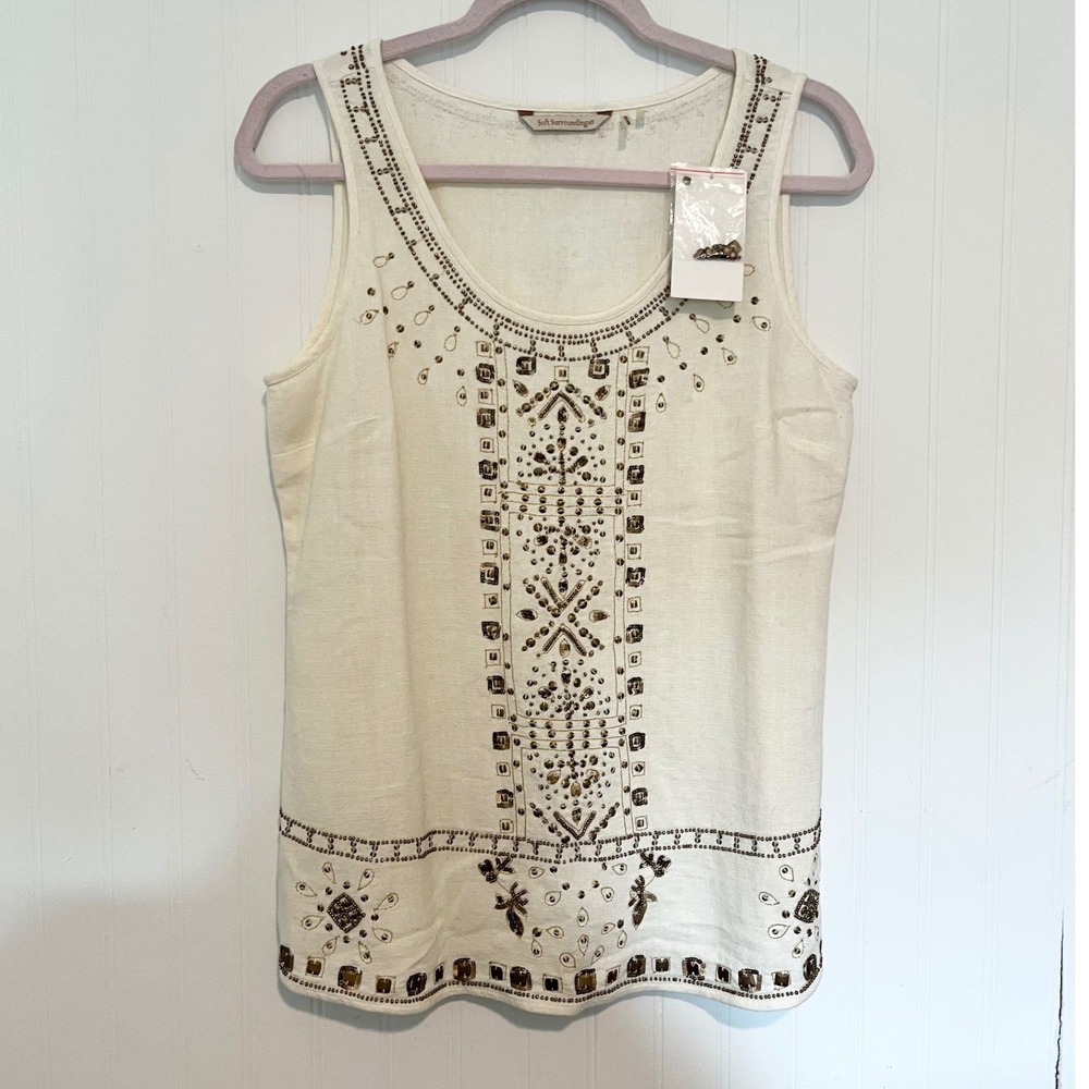 Soft Surroundings Tank Top Womens XS Ivory Beaded Cotton Cream Sleeveless